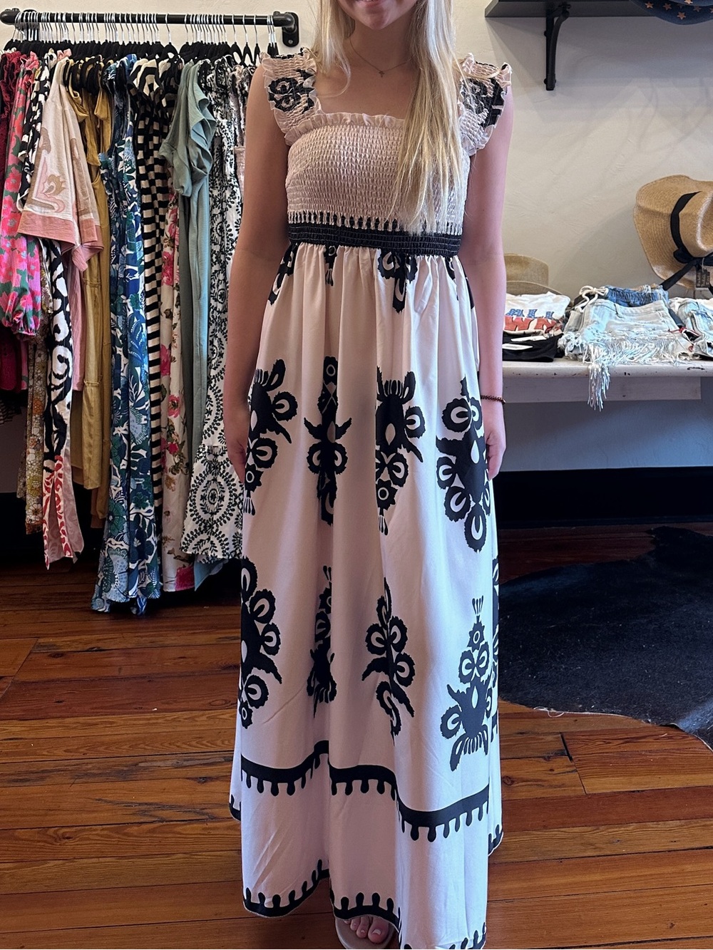 Cream Maxi Dress with Black Embroidered Motif